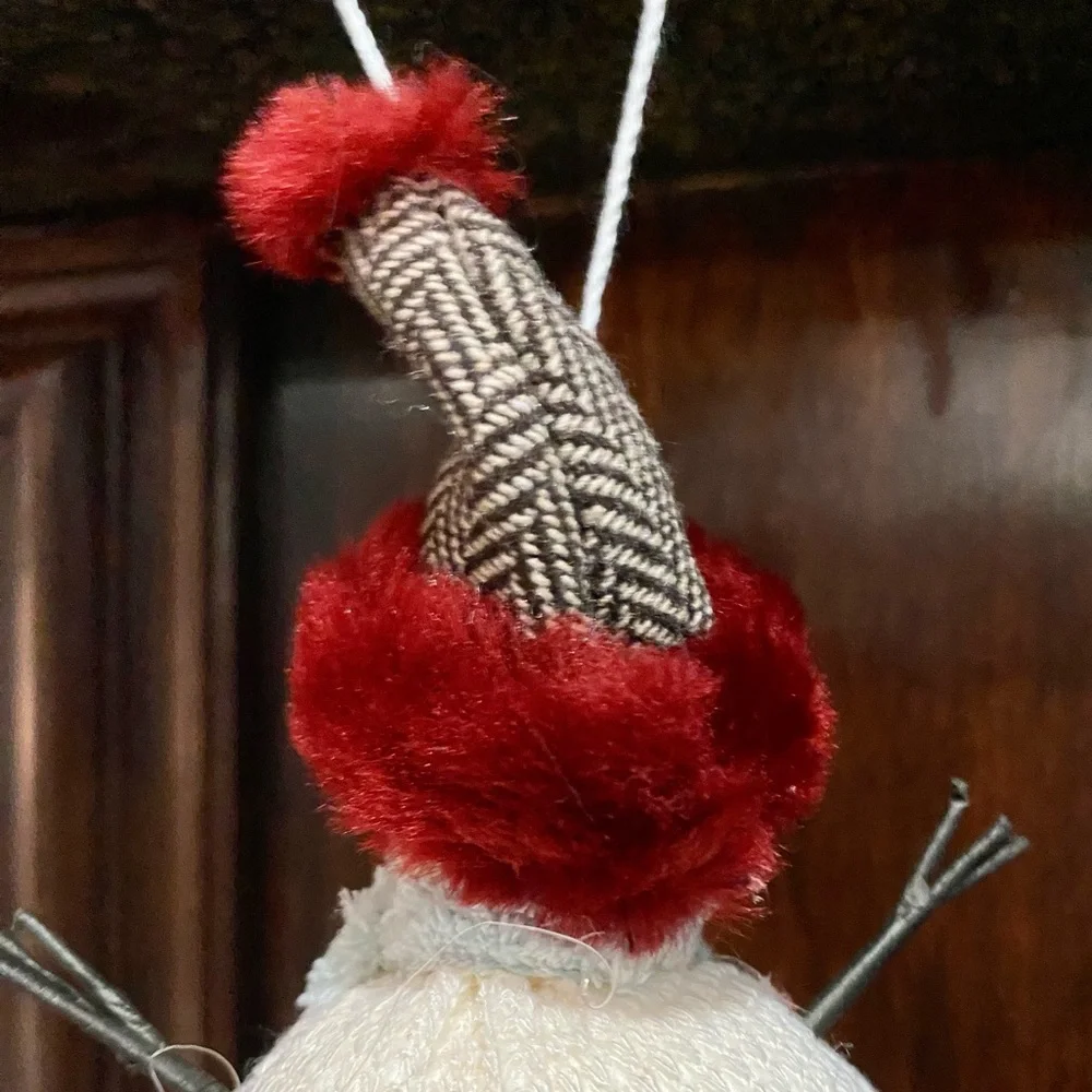 Snowman Cream Fabric Stick Arms Blue Scarf Red Hat Holiday Christmas Ornament